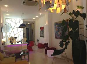 The hotel lobby looks pretty trendy and funky